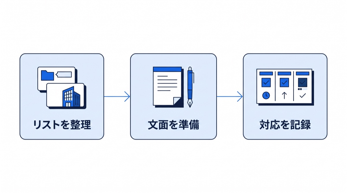 リストを整理、文面を準備、対応を記録の順に進める営業準備の流れ